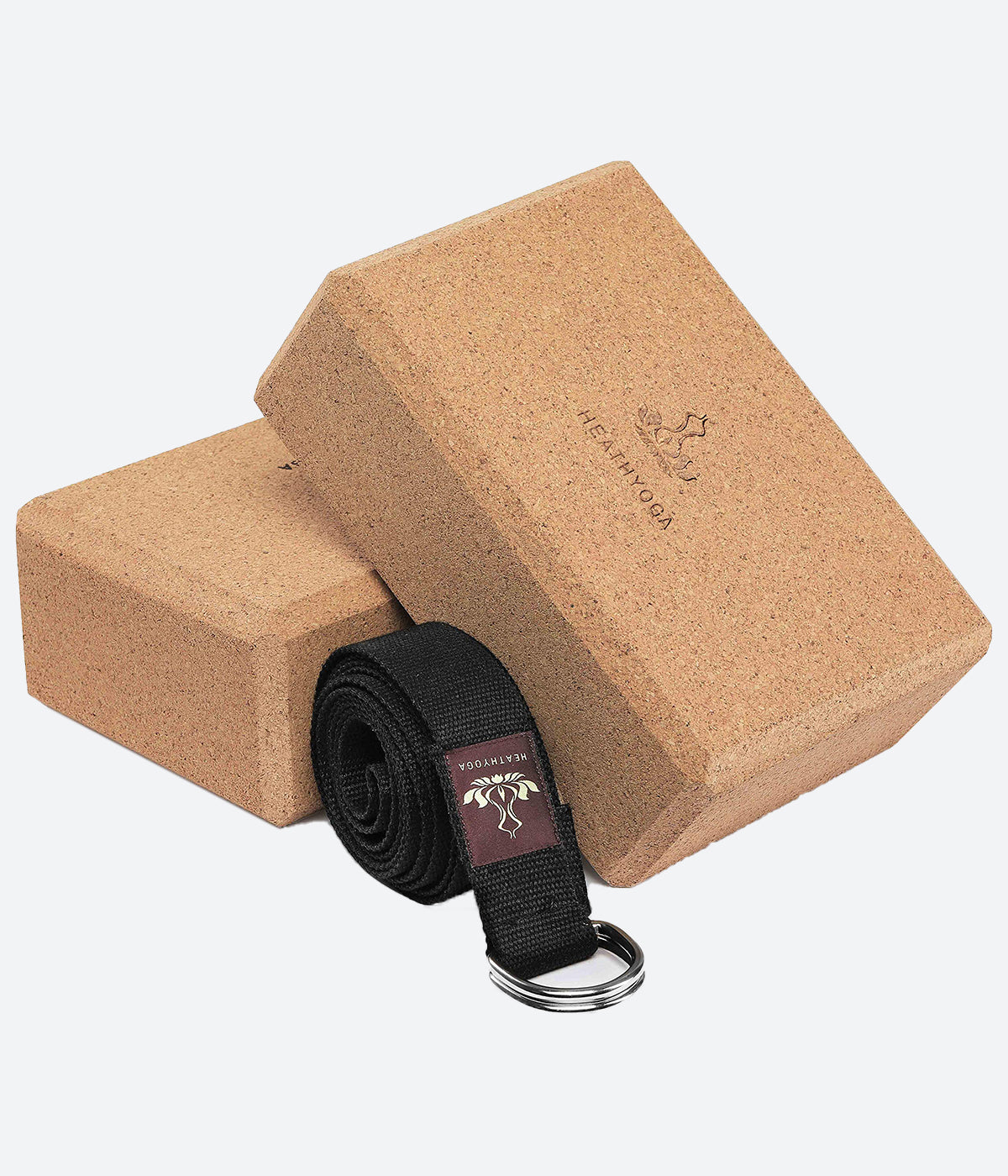 Heathyoga Yoga Block (2 Pack) & Strap Set - Cork